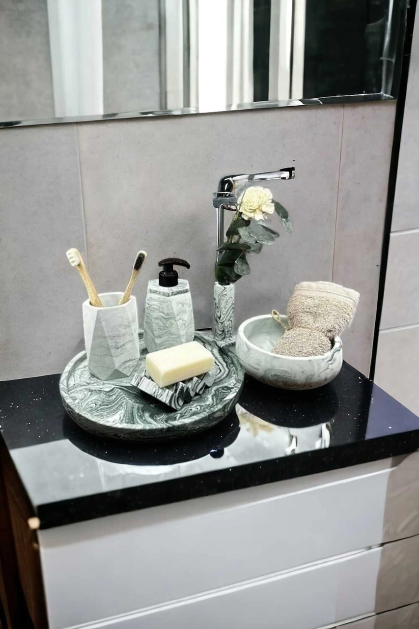 6'lı Mermer Desenli Yeşil Beton Banyo Seti Sıvı Sabunluk Diş Fırçalığı Aksesuar Takım Yeşil
