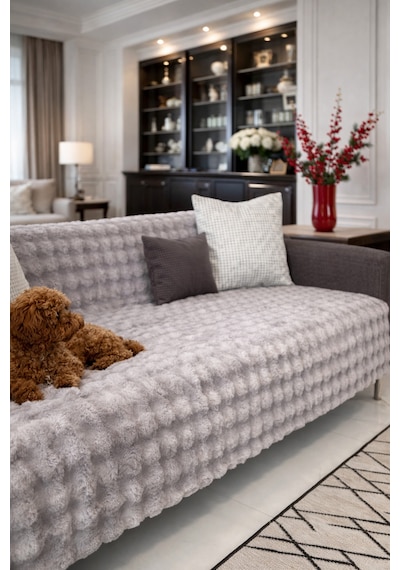 Peluş Koltuk Örtüsü 175x215 Cm Bubble Kaymaz Kanepe Örtüsü, Çekyat Örtüsü Gri