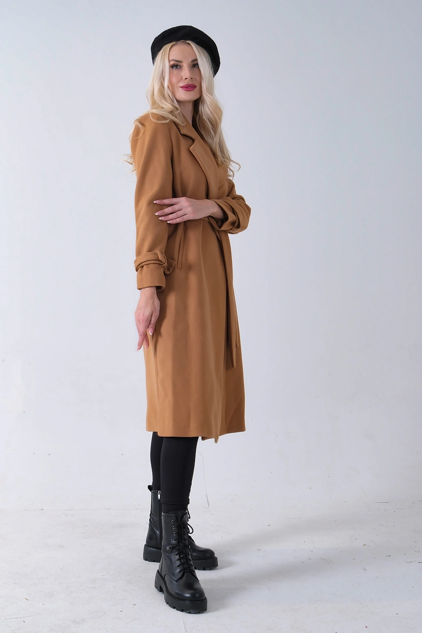 Feminist Camel Kol Bağlamalı Seyyar Kuşaklı Uzun Kaşe Kaban 41630051.09 Camel