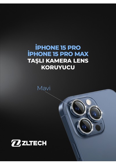 İphone 15pro/15promax Uyumlu Taşlı Kamera Lens Koruyucu Mavi
