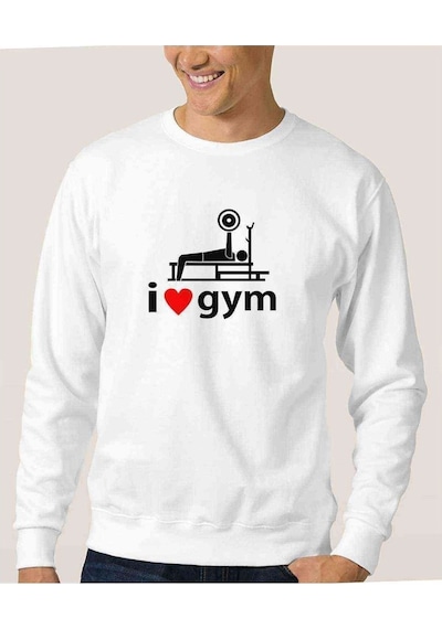 I Love Gym Baskılı Beyaz Erkek Örme Sweatshirt