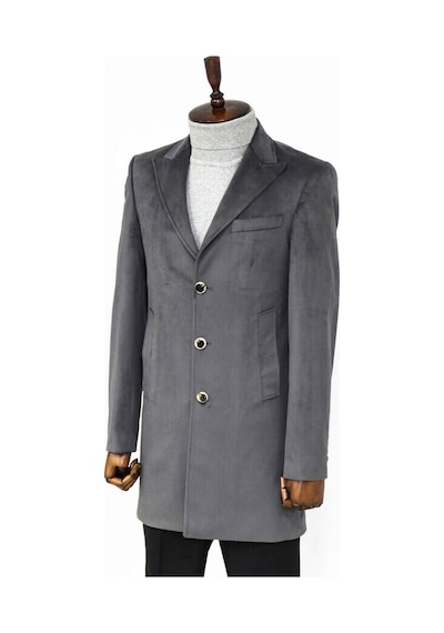 Wessi Süet Slim Fit Uzun Gri Erkek Kaban 001