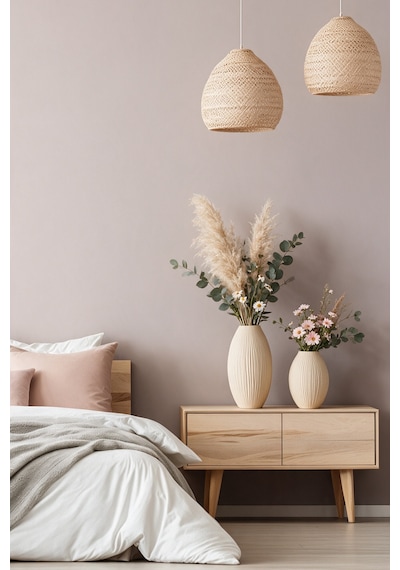 Modern Dokulu 2'li Vazo Set - 20 Cm Pla - Hindistan Cevizi Dokulu Hediyelik Vazo - Bej