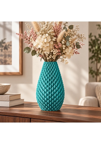 Kabartma Desenli Dekoratif Vazo 20 Cm Modern Tasarım Camgöbeği