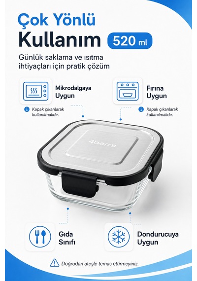 İnoks Kapaklı 4 Lü Cam Saklama Kabı Seti Kahvaltılık & Çok Amaçlı 520 Ml Şeffaf