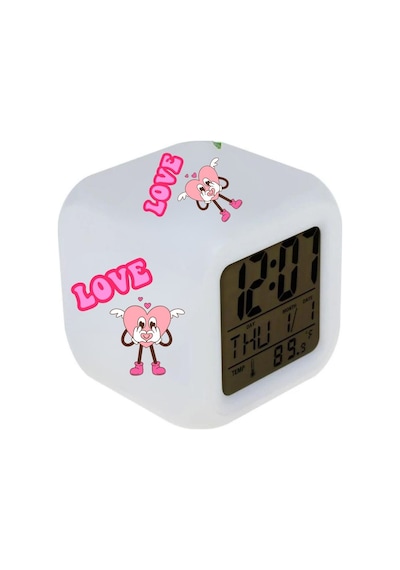 Love Tasarımlı 7 Renk Değiştiren Led Küp Dijital Saat Dekoratif Işıklı Masa Saati Beyaz