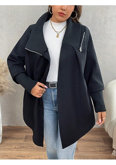 Siyah Kadın Asimetrik Kesim 3 İplik Şardonlu Sweat Ceket Fermuarlı Yaka, Cepli, Oversize Siyah