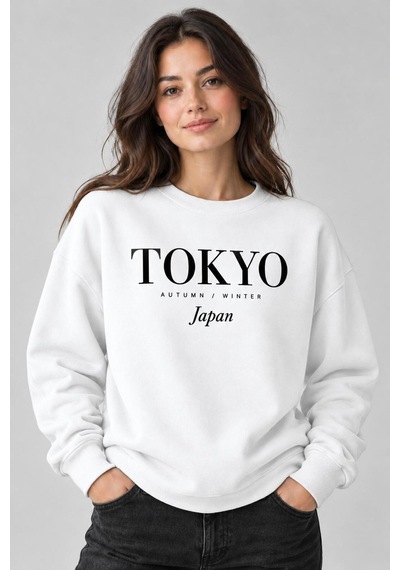 Gıovera Tokyo Şehir Yazılı Bisiklet Yaka Kadın Sweatshirt beyaz