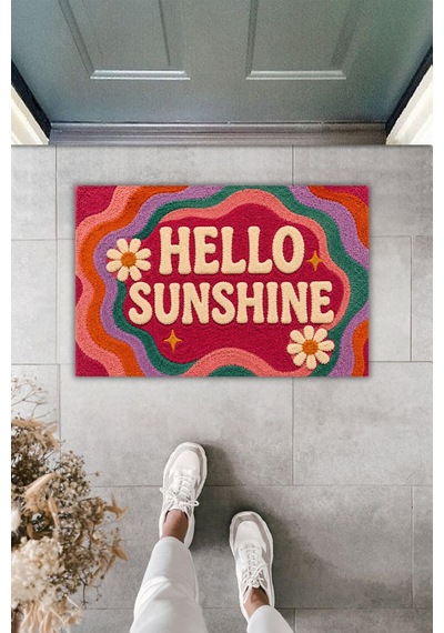 Rugmood Hello Sunshıne Renkli Retro Tasarım Dekoratif Kapı Önü Paspası 70x45 Cm Çok Renkli