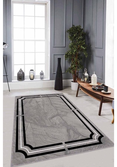 Gri Çerçeveli Kaymaz Tabanlı Makinede Yıkanabilir Halı Rv065n11