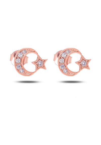 Kadın Ay Yıldız 925 Ayar Gümüş Küpe Pembe Altın
