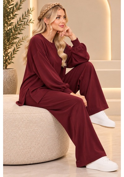 Bul-al Kadın Oversize Bisiklet Yaka Uzun Kollu Tunik Ve Cepli Olmayan Bol Paça Pantolon İkili Takım Bordo Bul-al Kadın Oversize Bisiklet Yaka Uzun Kollu Tunik Ve Cepli Olmayan Bol Paça Pantolon İkili Takım Bordo