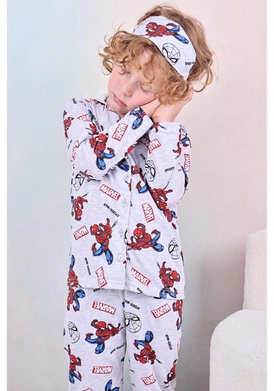 Beka Kids Erkek Çocuk Önden Düğmeli Desenli Pijama Takımı %100 Pamuklu Pijama Takımı Ve Göz Bandı Gri