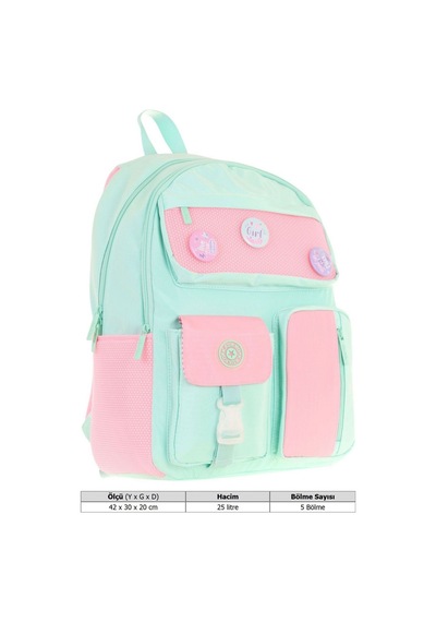 Kaukko Travel Beş Bölmeli Rozetli Kız Çocuk Okul Ve Günlük Sırt Çantası - Turkuaz Pembe - K1826 Turkuaz - Pembe