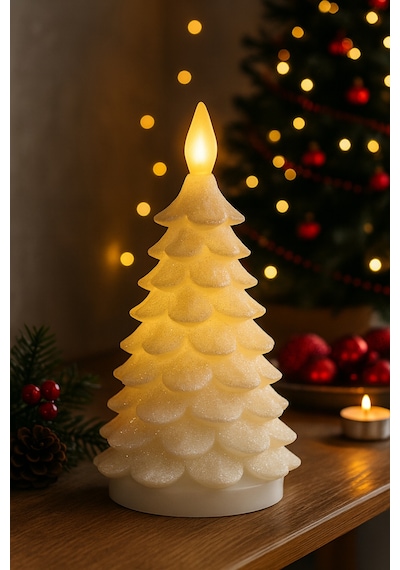 Yılbaşı Dekor Led Mum Parıltılı Wax Mum Led Işıklı Ev Ofis Otel Restoran Dekoratif Yılbaşı Süsü 22cm Beyaz