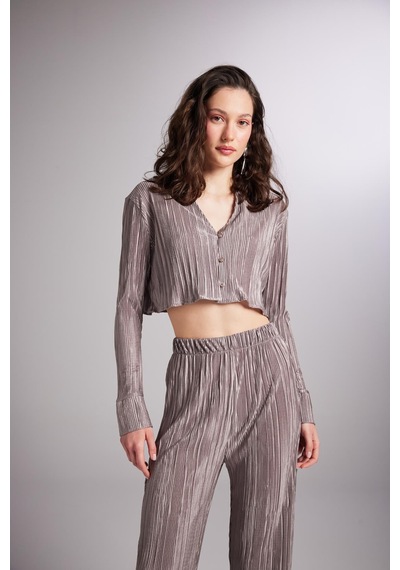 Holly Lolly Crop Model Düğme Kapamalı Comfy Crop Gömlek Vizon