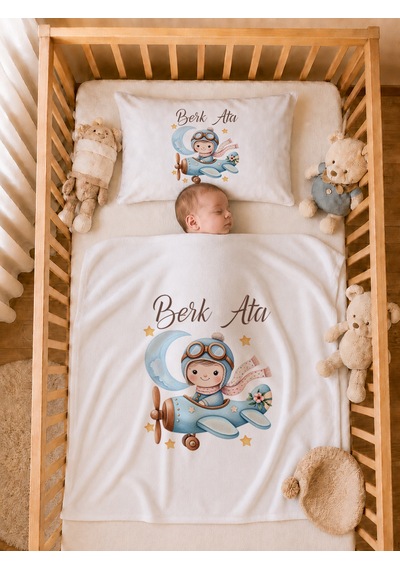 İsme Özel Erkek Bebek Battaniye Ve Yastık Kılıfı %100 Pamuk Organik Baskılı İsimli Bebek Seti Erkek Bebek Hediyesi 1028ybg Krem