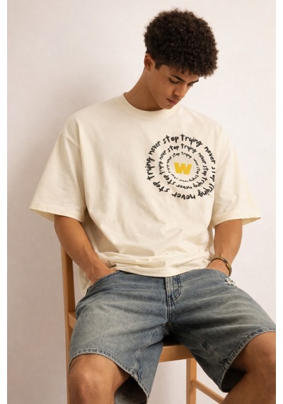 Tarz Cool Erkek Oversize Tişört Never Stop Trying Baskılı Salaş Kalıp Bej
