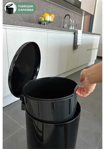 Cigo 20 Lt Yumuşak Kapanan Pedallı Banyo Mutfak Ofis Çelik Çöp Kovası - Siyah & İç Kısım Siyah-7306
