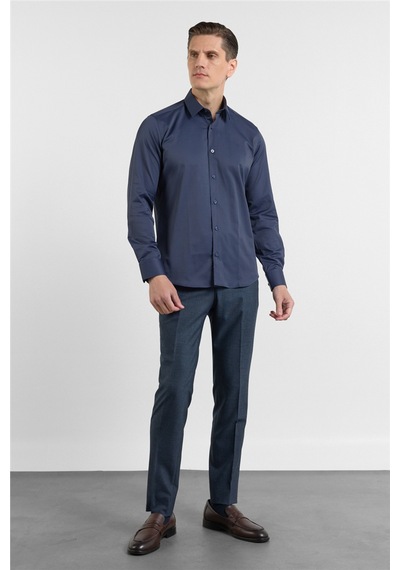 İmza Koyu Lacivert Sert Yaka Uzun Kol Cepsiz Slim Fit Pamuklu Gömlek 1004255228