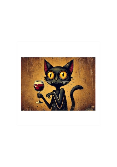 Kadehli Siyah Kedi Art Mdf Tablo