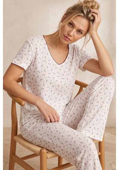 Siyah İnci Pointelli Örme Pijama Takımı 26120680 Ekru