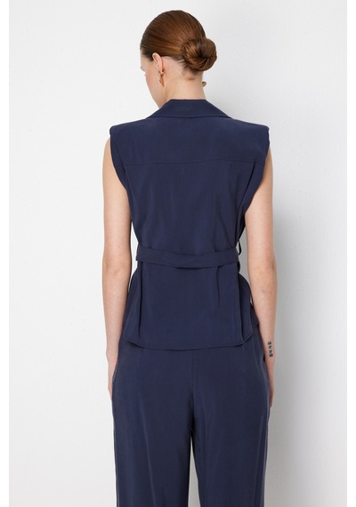 On Kadın Beli Kemerli Kruvaze Yelek 74908 Indigo Indigo