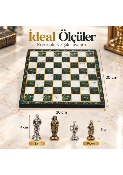 Lüks Metal Satranç Takımı Osmanlı Bizans Figürlü Krom Yeşil Mermer Desenli 20x20 Premium Hediye Seti