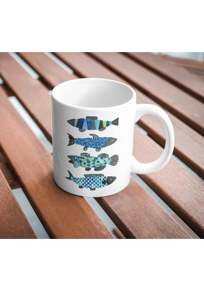 Balık Baskılı Kupa Bardak Hediyelik Şık Çay Kahve Kupası Coffee Mug Beyaz - Çok Renkli
