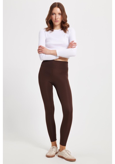 Tudors Kadın Slim Fit Dar Kesim Scuba Kumaş Beli Lastikli Kahverengi Tayt-42440 Kahverengi