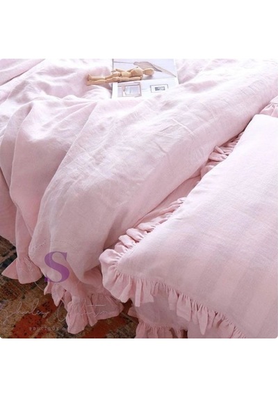 % 100 Pamuk Pembe Fırfırlı Keten Çift Kişilik Nevresim Takımı 200 X220 Pembe