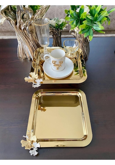 Atabey Home Collection 2 Adet Kahve & Çay & Sunum Tepsisi Gold Tepsi Kelebek Dökümlü