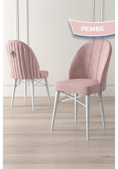 Canisa Ritim Serisi 4 Adet Pembe Sandalye 1.sınıf Babyface Ithal Kumaş Beyaz Gürgen Ayak Gümüş Halkalı Sandalye Pembe Ayaklar Beyaz