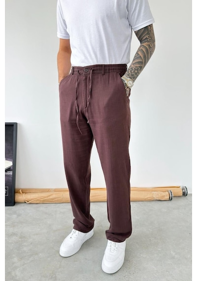Kahverengi Beli Lastikli Keten Pantolon
