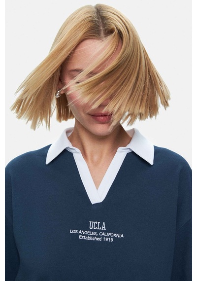 Polly Lacivert Polo Yaka Nakışlı Loose Fit Kadın Tshirt Lacivert