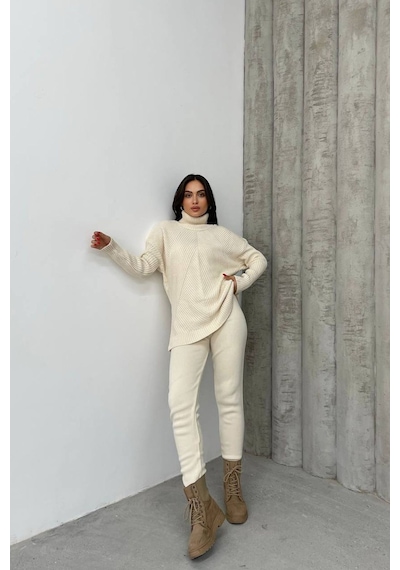 Neşeli Butik Kadın Bej Fitilli Balıkçı Yaka Alt Üst Triko Takım Nbdm1215