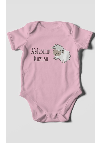 Ablasının Kuzusu Baskılı Bebek Zıbını Çıtçıtlı Body %100 Pamuk Kısa Kol Koyu Pembe