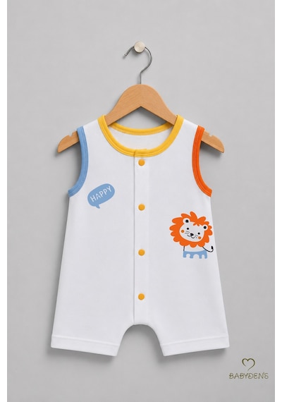 Babyden's Erkek Bebek Tulum Yazlık Pamuklu Şortlu Çıtçıtlı Aslan Baskılı Bebek Tulumu Yenidoğan Bebek Giyim 0-9 Ay Beyaz