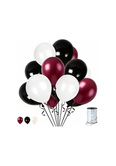 50 Adet Bordo - Beyaz- Siyah Metalik Balon 3'Lü Renk - 12 Inç