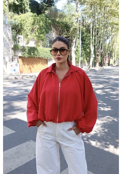 Kechi Woman Kadın Linda Twill Kumaş Gömlek Yaka Balon Kol Fermuarlı Kısa Ceket Sonbahar Kış Kırmızı Kechi Woman Kadın Linda Twill Kumaş Gömlek Yaka Balon Kol Fermuarlı Kısa Ceket Sonbahar Kış Kırmızı