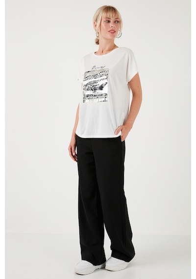 Lela Baskılı Bisiklet Yaka Regular Fit Bayan T Shirt 6671000 Ekru