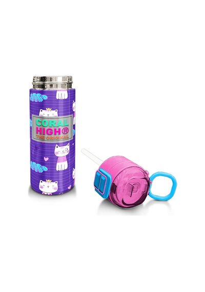 Coral High Kids Mor Pembe Kedi Desenli Pipetli Ve Direkt İçim Çelik Termos 500 Ml 31911 Pembe