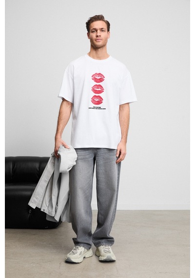 Grımelange Gıano Erkek Organik Pamuklu Bisiklet Yakalı Baskı Detaylı Oversıze Beyaz T-shirt Beyaz