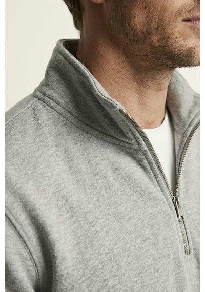 Elemge Pamuklu Erkek Sweatshirt Gri Soft Touch Relax Fit Yarım Fermuarlı Dik Yaka 3 Iplik Nefes Alan