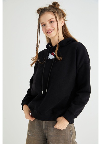 Hello Kitty Lisanslı Baskılı Kapüşonlu Kalın Sweatshirt Çok Renkli