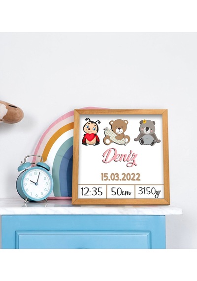 BK Gift Kabartma Figürlü Yeni Doğan Kız Bebek Doğum Panosu Ahşap