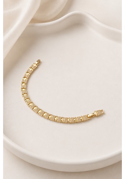 Balenbi Jewelry Kadın Taşlı Dalga Desenli Geometrik Plaka Kararmaz Çelik Bileklik 14k Gold 1139 Altın