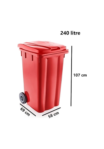 Omnipazar Sy-6510 Tekerlekli Kapaklı Plastik Çöp Konteyneri 240 Lt Kırmızı Kırmızı