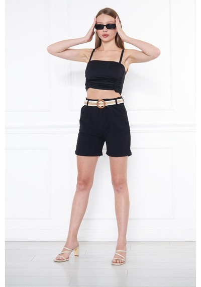Hgfashion Kadın Beli Kemerli Keten Şort Siyah Renk Siyah