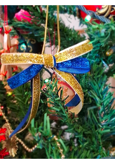 Paşateks 1 Cm Çift Renk Altın/saks Mavisi Simli Noel Fiyonk Askılı Ağaç Süsü